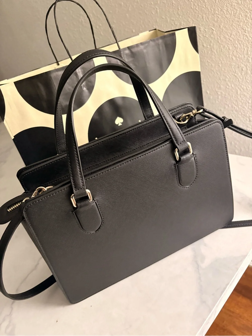 Kate Spade Black Leather Satchel with Chain Accent